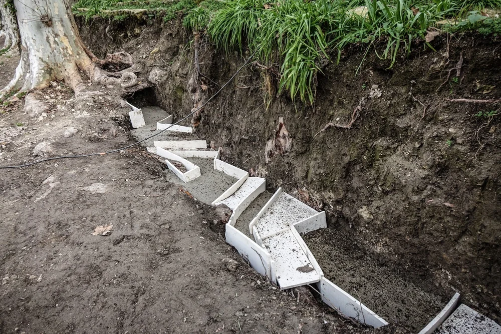Les racines de platanes des arènes Barnier coffrées avant reconstruction du mur, Barnier coffrées pour leur préservation, lors des travaux de rénovation, en hiver 2020